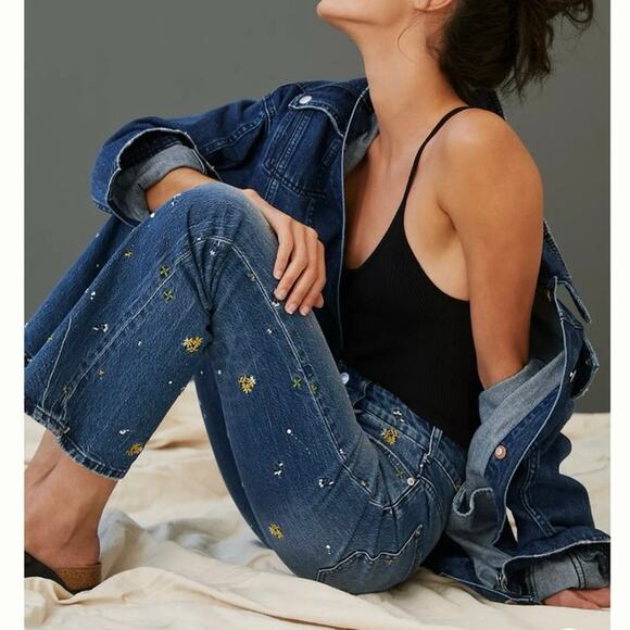 Pilcro Anthropologie The Icon Flare Embroidered Jeans Size 27 - Picture 3 of 11